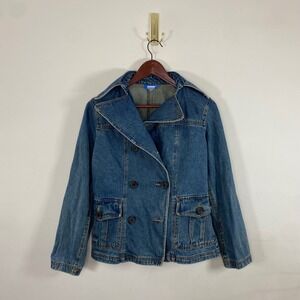 Y2K Denim Pea Coat Jean Jacket Delias Medium Cotton Pockets Retro Grunge Unique